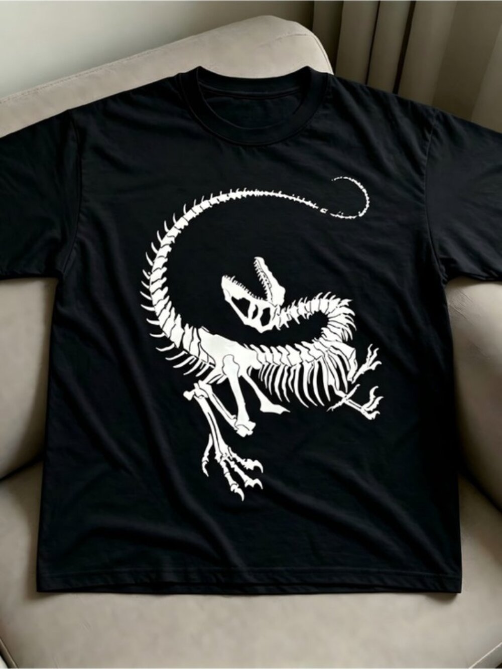 White color, Dinosaur skeleton graphic black Women Men T-shirt unisex